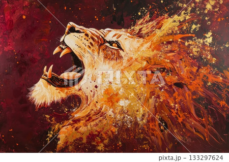 A painting of a lion with its mouth open and teeth bared 133297624