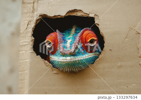 Colorful Chameleon Peeking Through Cardboard Hole with Vibrant Eyes and Unique Textures 133297634
