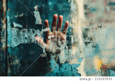 Hand Pressing Against a Textured Glass Surface with Peeling Paint in Urban Environment 133297635