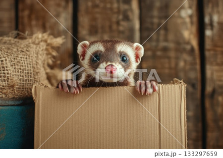 Cute Ferret Peeking Out of a Cardboard Box in a Rustic Setting with Wooden Background 133297659