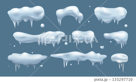 Snow caps 3d elements set in realistic render design. Collection of white horizontal snow piles and corners with melts and icicles, frost winter roof borders and snowy frames. Vector illustration. 133297710