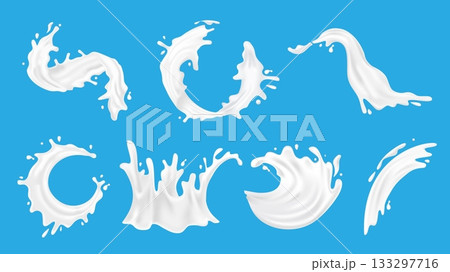 Milk splash 3d elements set in realistic render design. Collection of white yogurt and dairy liquid products falling, pouring and motion with drops, swirl and crown movement. Vector illustration. 133297716
