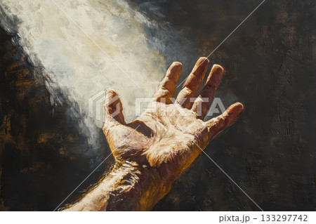 Hand Reaching Towards Light Symbolizing Hope and Guidance in Darkness and Struggle 133297742