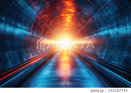 Bright Light Emerging from Futuristic Tunnel with Blue and Orange Accents in Abstract Form 133297745