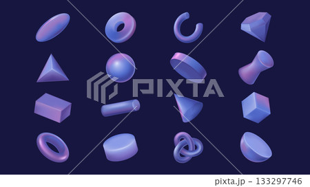 Geometric shapes 3d elements set in realistic render design. Collection of oval, donut, spiral part, diamond, pyramid, sphere, circle, cube, cone, chain, ring, torus, half figure. Vector illustration. 133297746