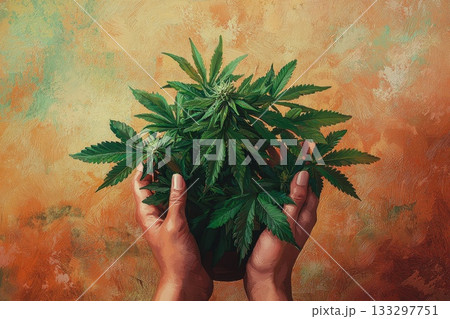 Hands Holding a Lush Green Cannabis Plant Against a Warm Textured Background Hands Holding a Lush Green Cannabis Plant Against a Warm Textured Background 133297751