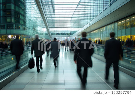 A busy airport terminal with people walking and carrying luggage A busy airport terminal with people walking and carrying luggage 133297794