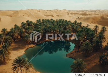 A large body of water surrounded by palm trees 133297801