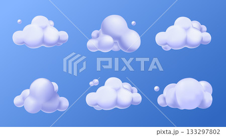 Clouds 3d elements set in realistic render design. Collection of abstract glossy fluffy cumulus shapes in blue sky, soft rounded cartoon cloudscape, floating cloudy balloons. Vector illustration. 133297802