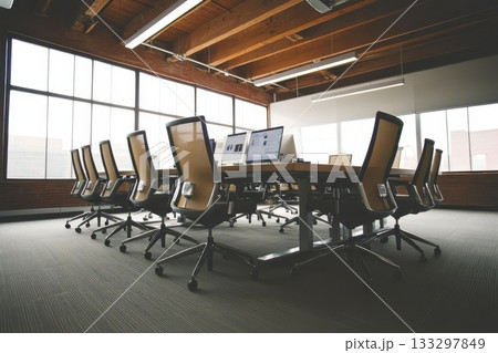 A large conference room with a long table and many chairs 133297849