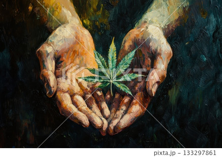 A painting of two hands holding a marijuana plant 133297861