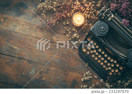 A vintage typewriter sits on a wooden table with a candle and flowers 133297870