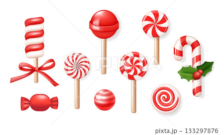 Christmas candies 3d elements set in realistic render design. Collection of red and white twisted glossy candy cane, lollipops and sugar desserts, shiny traditional confectionery. Vector illustration. 133297876
