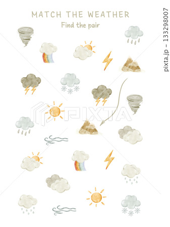 Children’s weather poster with sun, rain, clouds, rainbow, lightning, wind, fog, snow, hail, tornado. Fun “Find the Pair” matching game for preschool lessons, worksheets, and classroom activities. Children’s weather poster with sun, rain, clouds, rainbow, lightning, wind, fog, snow, hail, tornado. Fun “Find the Pair” matching game for preschool lessons, worksheets, and classroom activities. 133298007