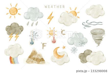 Watercolor weather clipart with sun, heat, clouds, rain, wind, fog, snow, frost, hail, lightning, rainbow, tornado, moon, storm. Isolated elements for kids posters, worksheets, planners, and crafts. Watercolor weather clipart with sun, heat, clouds, rain, wind, fog, snow, frost, hail, lightning, rainbow, tornado, moon, storm. Isolated elements for kids posters, worksheets, planners, and crafts. 133298008