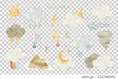 Watercolor weather clipart with sun, heat, clouds, rain, wind, fog, snow, frost, hail, lightning, rainbow, tornado, moon, storm. Isolated elements for kids posters, worksheets, planners, and crafts. Watercolor weather clipart with sun, heat, clouds, rain, wind, fog, snow, frost, hail, lightning, rainbow, tornado, moon, storm. Isolated elements for kids posters, worksheets, planners, and crafts. 133298008