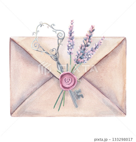 Vintage paper envelope with wax seal, lavender, key. Hand-painted watercolor illustration isolated on white for greeting cards, wedding invitations, love letters, packaging, scrapbooking, design Vintage paper envelope with wax seal, lavender, key. Hand-painted watercolor illustration isolated on white for greeting cards, wedding invitations, love letters, packaging, scrapbooking, design 133298017