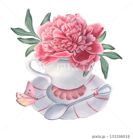 Ceramic tea set, pink peony flower, leaves, butterfly. Hand-painted watercolor illustration isolated on white for kitchen prints, posters, invitations, branding, cards, textile, home decor design 133298018