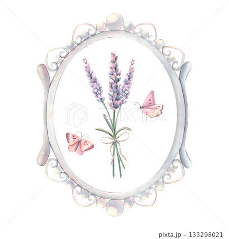 Vintage pearl frame, lavender bouquet, butterflies. Hand-painted watercolor illustration isolated on white for floral design, printing on textile, wedding invitation, packaging, branding, card, poster 133298021