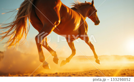 夕陽の砂煙を駆ける馬の躍動・干支「午」／年賀状向け背景イメージ 133298052