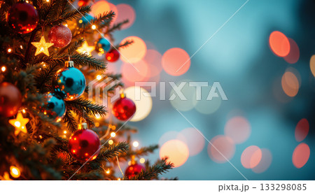 カラフルなオーナメントと暖色イルミネーションのクリスマスツリー背景画像 133298085