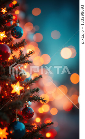 カラフルなオーナメントと暖色イルミネーションのクリスマスツリー背景画像 133298093