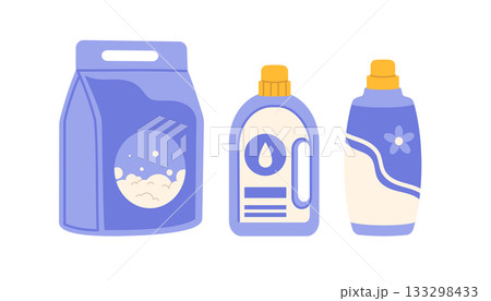 Laundry detergents plastic bottles and powder package. Flat vector isolated illustration 133298433