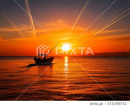 夕日　船 133298552