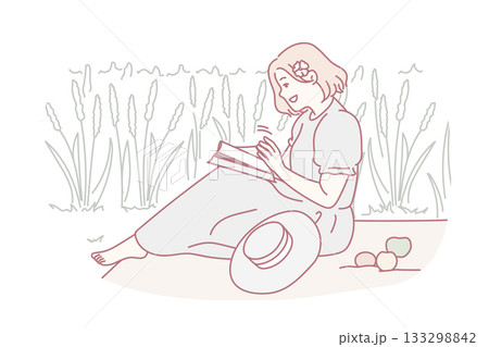 Woman sitting in field reading book Woman sitting in field reading book 133298842