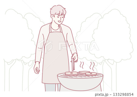 Man in apron cook meat outdoors 133298854