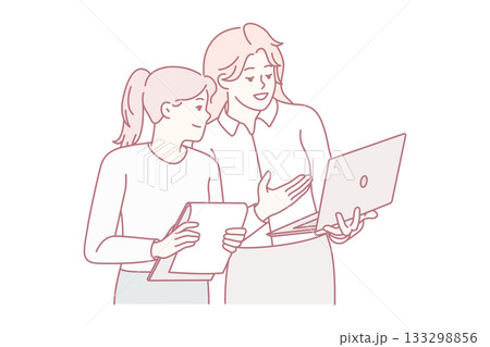 Businesswomen brainstorming working on laptop 133298856