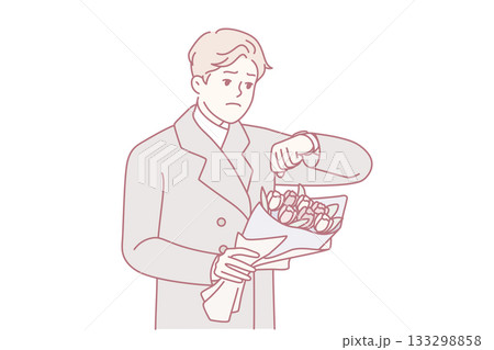Upset man with flowers wait for date 133298858