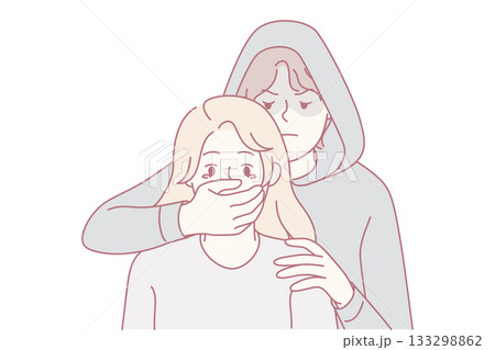 Man in hood close terrified woman mouth 133298862