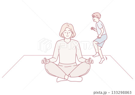 Calm mother meditate at home with naughty kid Calm mother meditate at home with naughty kid 133298863