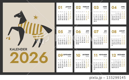2026 full monthly vertical A4 calendar template with Horse on cover. German months names 2026 full monthly vertical A4 calendar template with Horse on cover. German months names 133299145