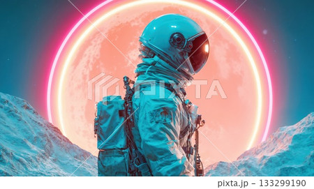 Astronaut explorer standing on alien planet surface with glowing portal ring and dramatic mountain landscape during cosmic journey adventure mission 133299190
