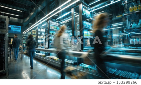 Modern retail store interior with motion-blurred shoppers moving past illuminated refrigerated display cases in contemporary supermarket design Modern retail store interior with motion-blurred shoppers moving past illuminated refrigerated display cases in contemporary supermarket design 133299266