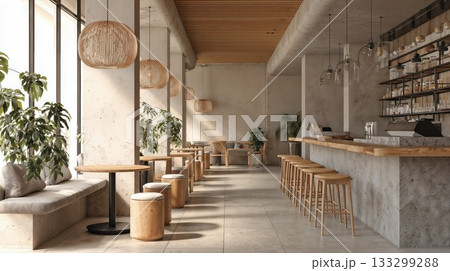 Minimalist modern cafe interior with concrete walls, wooden furniture, natural lighting and zen atmosphere featuring sustainable design elements 133299288