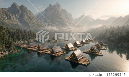Sustainable floating village with solar panel houses on pristine mountain lake surrounded by misty peaks and evergreen forest in serene wilderness Sustainable floating village with solar panel houses on pristine mountain lake surrounded by misty peaks and evergreen forest in serene wilderness 133299345