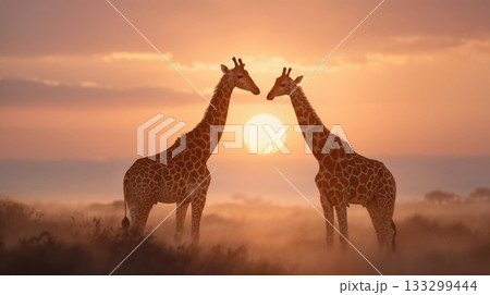 Two giraffes silhouetted against golden sunset sky in African savanna landscape, romantic wildlife scene with warm orange glow and misty atmosphere, nature and conservation theme 133299444
