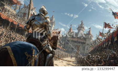 Epic medieval knight in shining armor on horseback at grand tournament with castle backdrop, cheering crowds and colorful banners in dramatic daylight scene 133299447