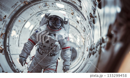Astronaut in white spacesuit with american flag patch floating inside illuminated spacecraft module during space mission exploration Astronaut in white spacesuit with american flag patch floating inside illuminated spacecraft module during space mission exploration 133299458