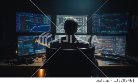 Professional trader analyzing multiple financial market charts on six monitor screens in dark trading room office workspace 133299461