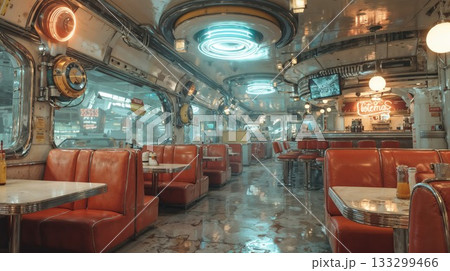 Retro futuristic diner interior featuring red vinyl booths, circular neon lighting, and weathered surfaces creating nostalgic science fiction atmosphere 133299466