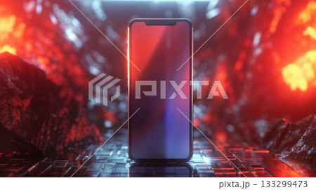 Modern smartphone standing upright with illuminated screen against dramatic red and blue bokeh background creating futuristic technology atmosphere 133299473