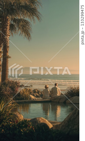 Senior couple sitting together by infinity pool overlooking ocean beach and palm trees during golden hour sunset creating romantic peaceful retirement moment 133299475