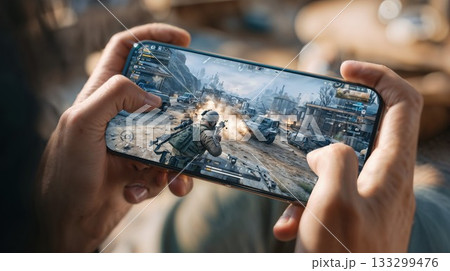 Hands holding smartphone playing mobile battle royale shooter game with intense combat action scene featuring soldier character and explosions on screen outdoors Hands holding smartphone playing mobile battle royale shooter game with intense combat action scene featuring soldier character and explosions on screen outdoors 133299476