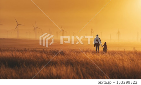 Father and daughter walking together through golden wheat field at sunset near wind turbines 133299522