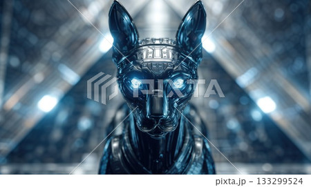 Futuristic metallic robot cat with glowing blue eyes and sleek black design in modern technological environment. Artificial intelligence concept imagery Futuristic metallic robot cat with glowing blue eyes and sleek black design in modern technological environment. Artificial intelligence concept imagery 133299524