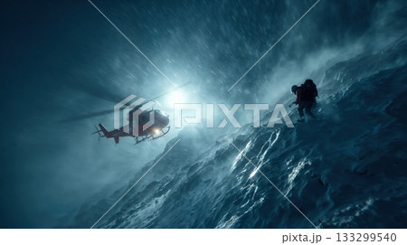 Rescue helicopter hovers near mountain climbers ascending steep snowy slope during dangerous blizzard conditions with dramatic spotlight illuminating extreme alpine expedition scene 133299540